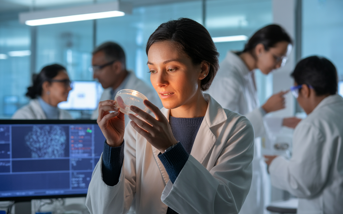Une scientifique examine une boîte de Pétri, tandis que d'autres chercheurs travaillent en arrière-plan dans un laboratoire moderne.