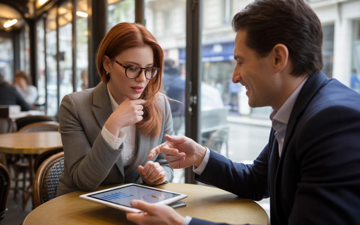 Deux personnes discutent dans un café, l'une montre des graphiques sur une tablette, ambiance professionnelle et détendue.