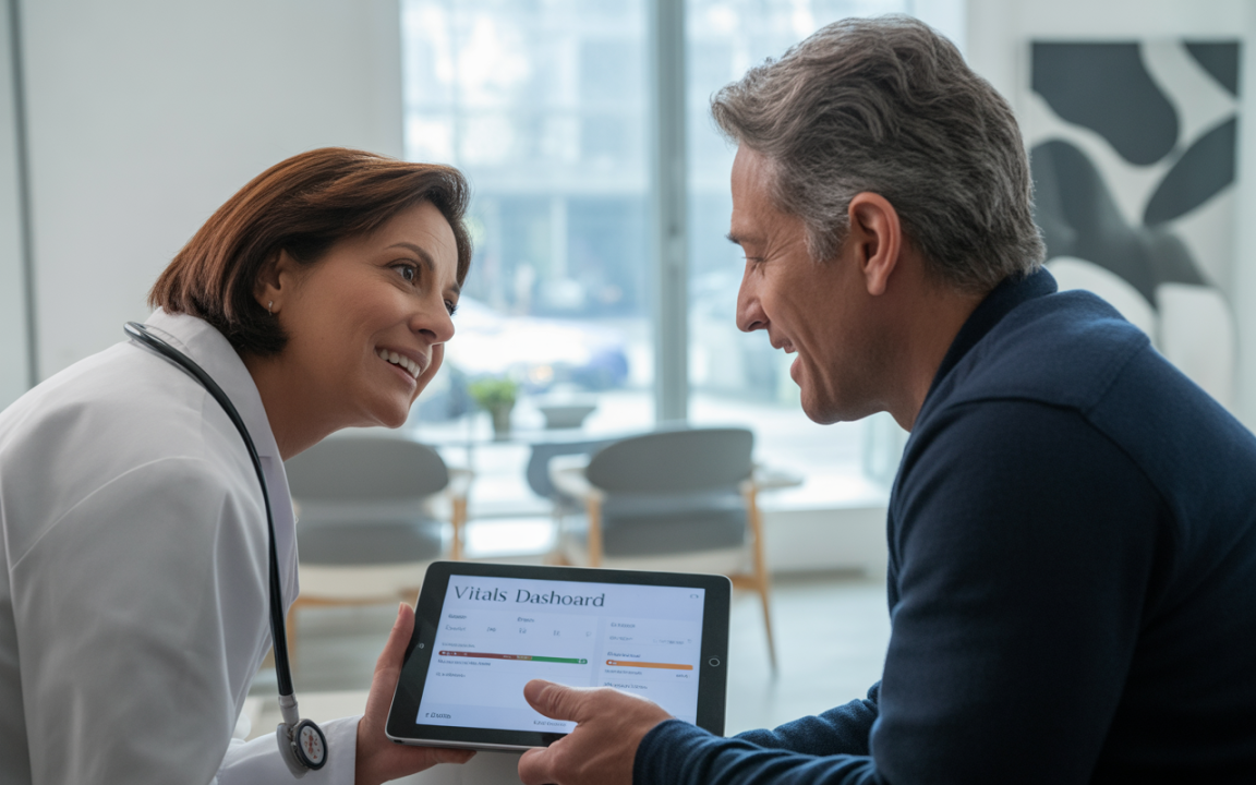 Un médecin souriant discute avec un patient en lui montrant des informations sur une tablette dans un environnement lumineux.