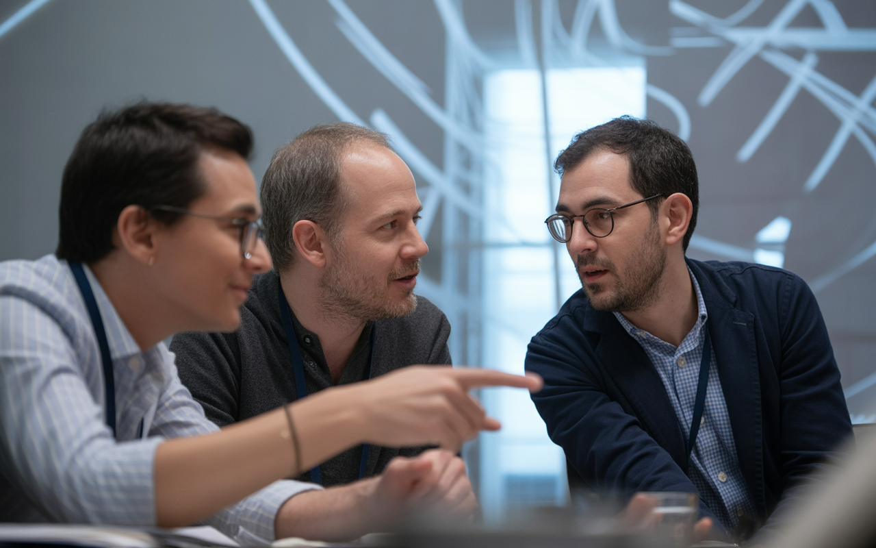 Trois hommes discutent autour d'une table, un pointant un document, dans un environnement de travail moderne et lumineux.