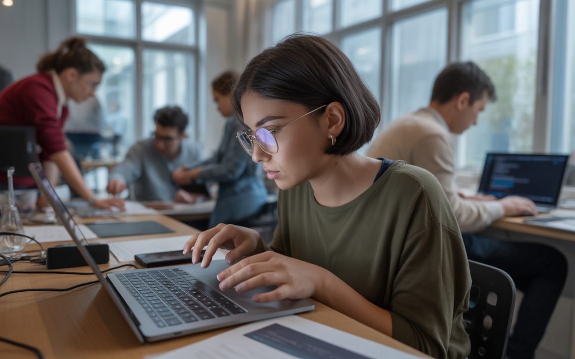 Une jeune femme avec des lunettes travaille sur un ordinateur portable dans un espace de coworking, entourée de collègues.