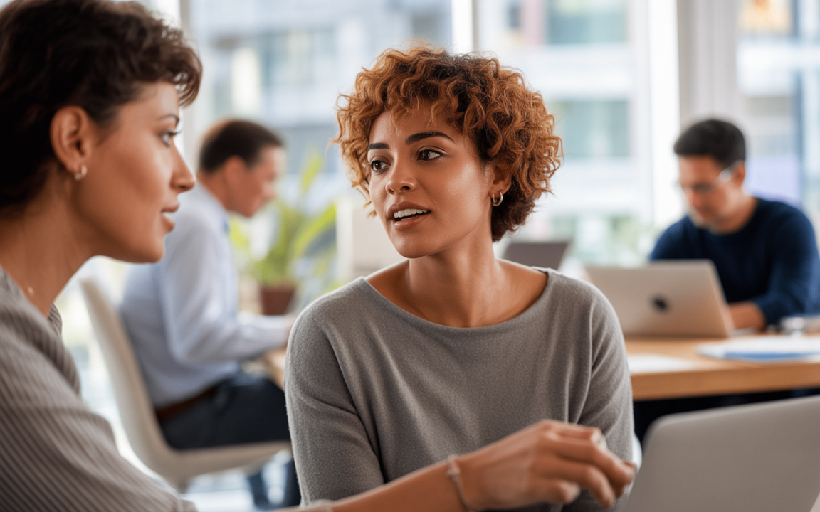 Deux femmes discutent dans un espace de travail moderne, avec des collègues en arrière-plan, entourées de plantes et de matériel informatique.