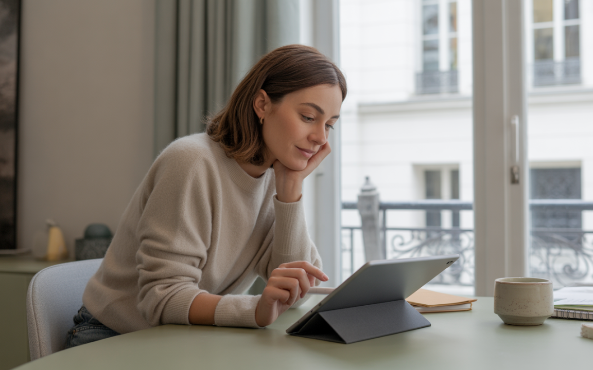 Femme souriante en train d'utiliser une tablette, assise à une table dans un environnement lumineux et moderne. Tasse et carnet à proximité.