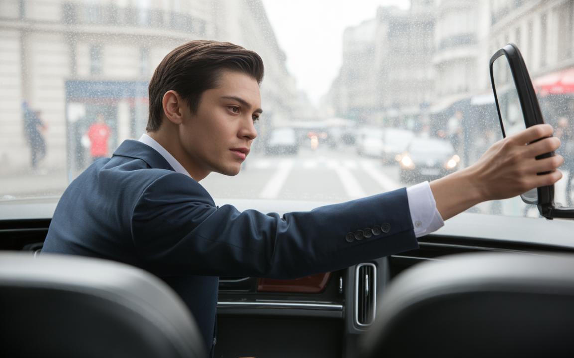 Un jeune homme en costume conduit une voiture, regardant attentivement à travers un pare-brise mouillé, en milieu urbain.