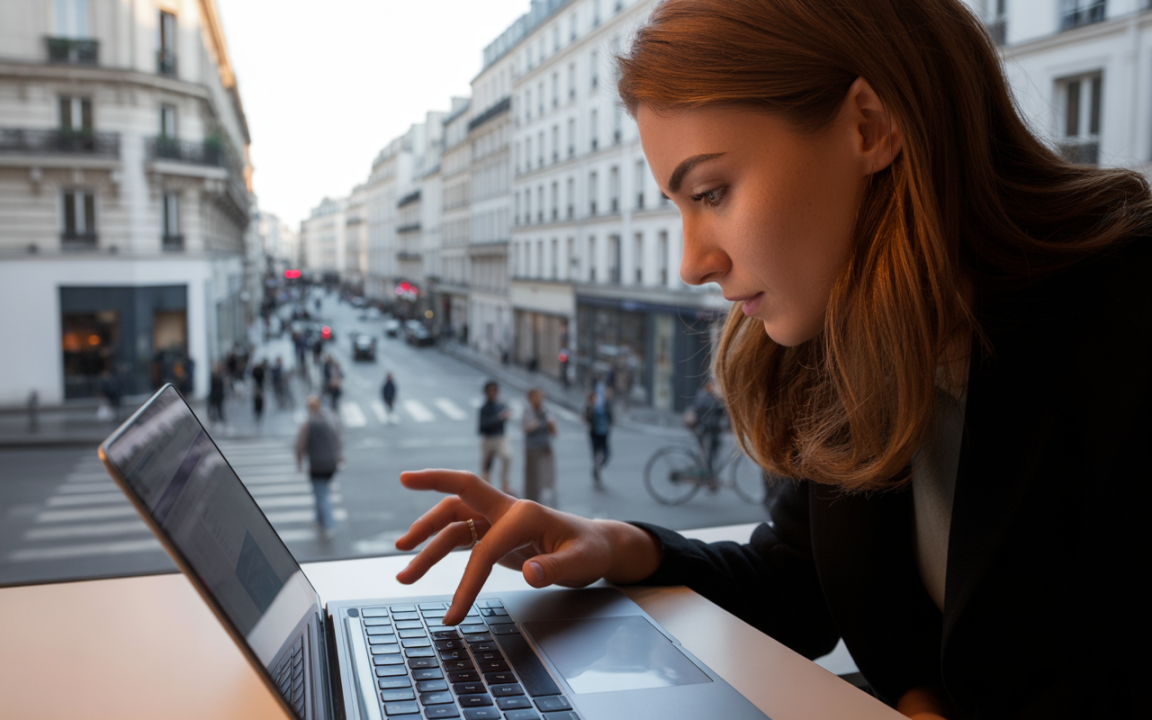 Femme concentrée, utilisant un ordinateur portable près d'une fenêtre avec vue sur une rue animée de Paris.