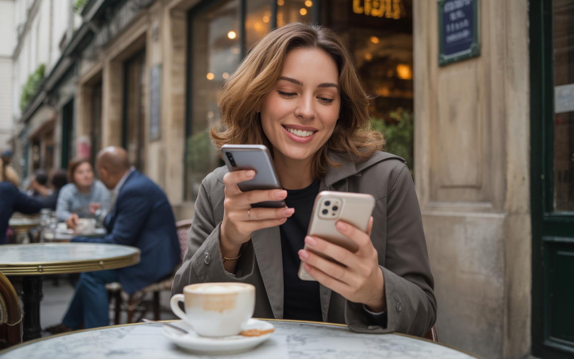 Une femme souriante utilise deux smartphones assise à une table de café, avec une tasse de café devant elle.