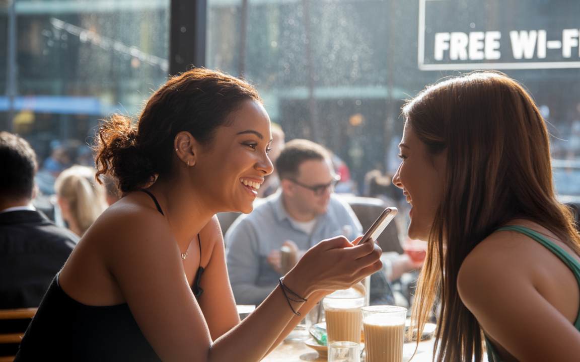 Deux femmes souriantes dans un café, échangeant sur un téléphone, avec des boissons à proximité et un arrière-plan flou.