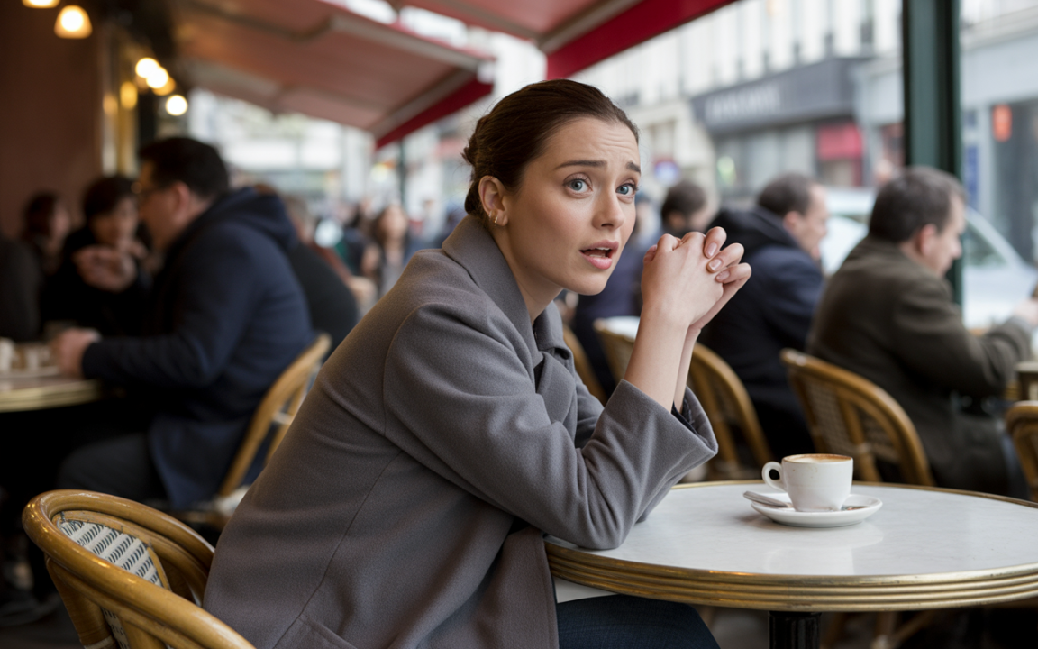 Une femme pensive assise à une table de café, mains croisées, avec une tasse de café devant elle et une foule en arrière-plan.