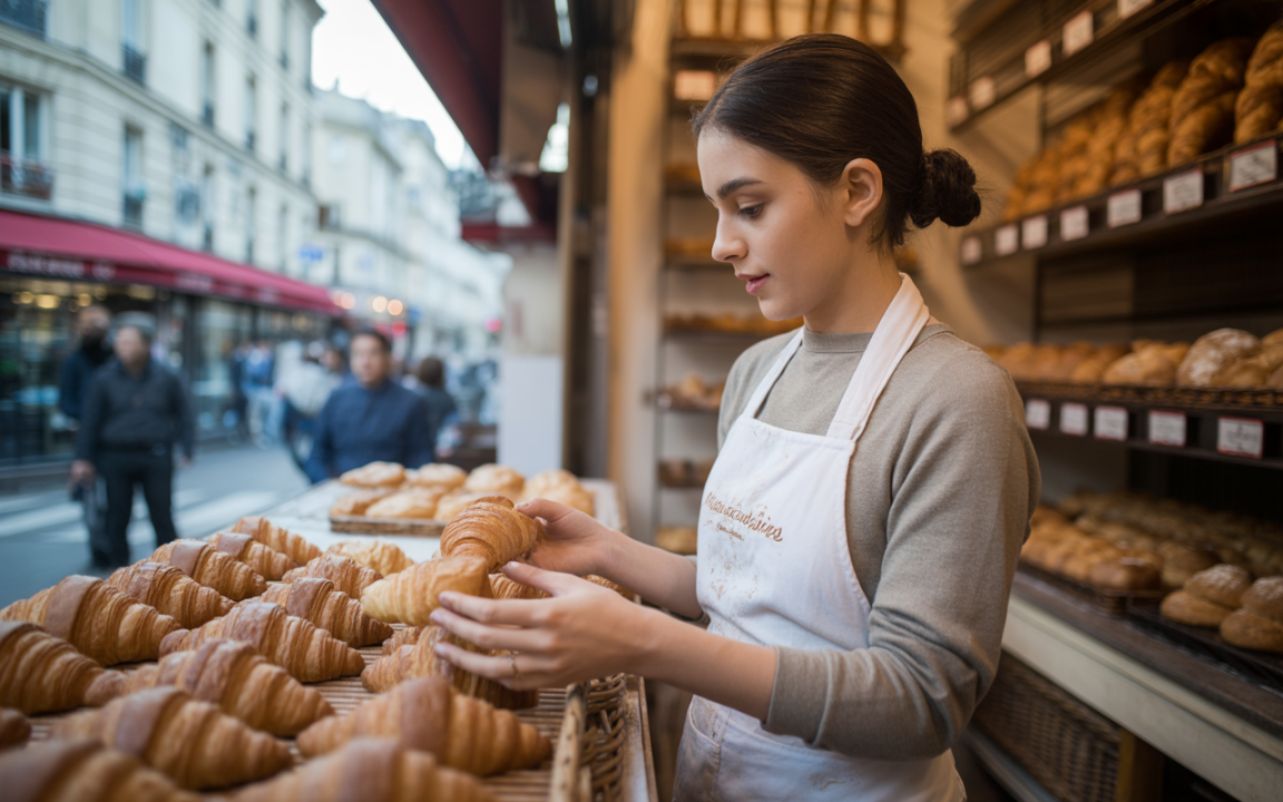 Femme en tablier choisissant un croissant dans une boulangerie parisienne avec des pains en arrière-plan et des passants flous.