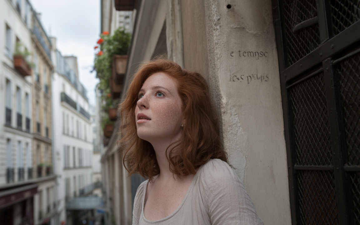 Femme aux cheveux roux et aux taches de rousseur, regardant vers le haut dans une ruelle parisienne, avec des fleurs et de l'architecture.