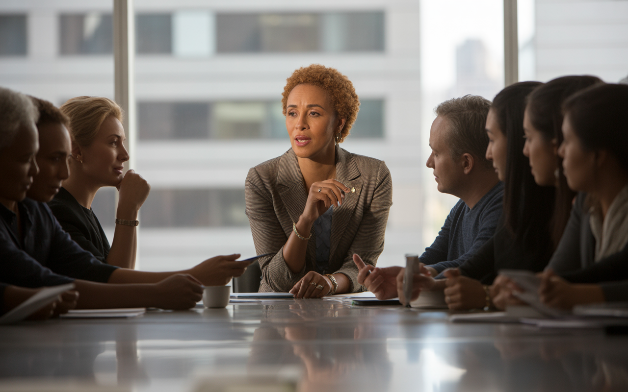 Une femme d'affaires dirige une réunion avec divers participants autour d'une table dans un bureau moderne.