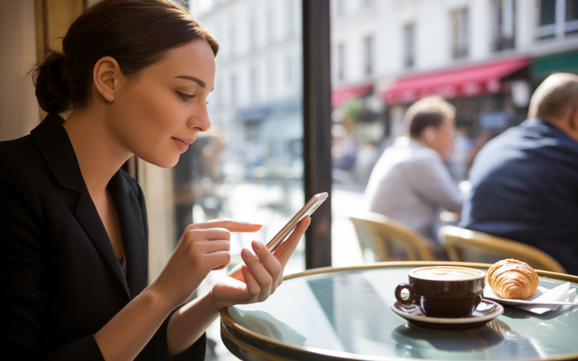 Femme élégante utilisant son smartphone dans un café, avec un café et un croissant sur la table. Lumière naturelle, ambiance parisienne.