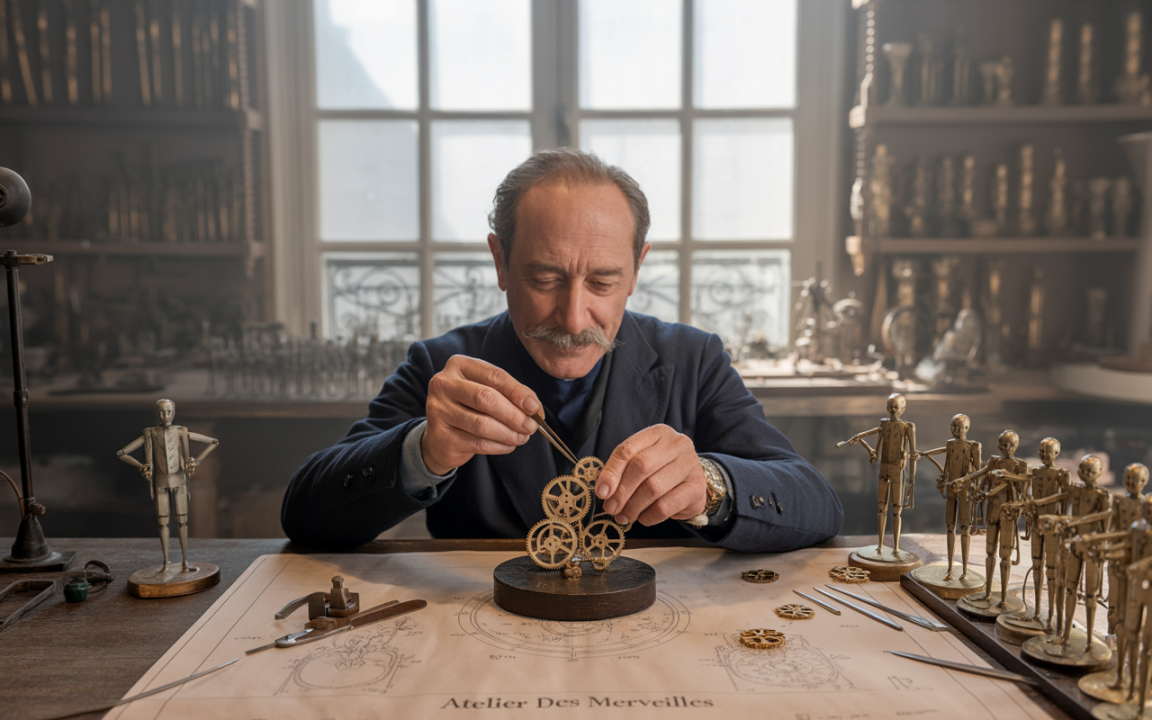 Un horloger assemble des engrenages dans un atelier, entouré de figurines en métal et de plans techniques.