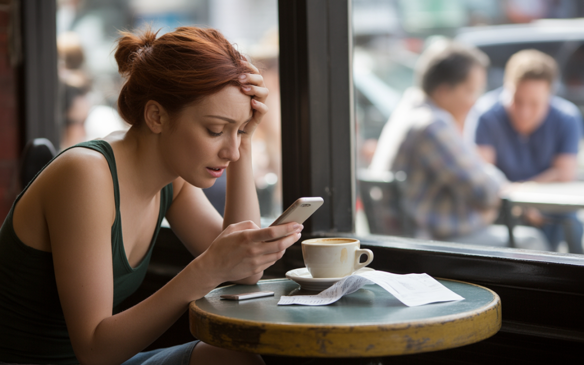 Femme anxieuse consultant son téléphone dans un café, une tasse de café et un reçu sur la table, ambiance détendue.