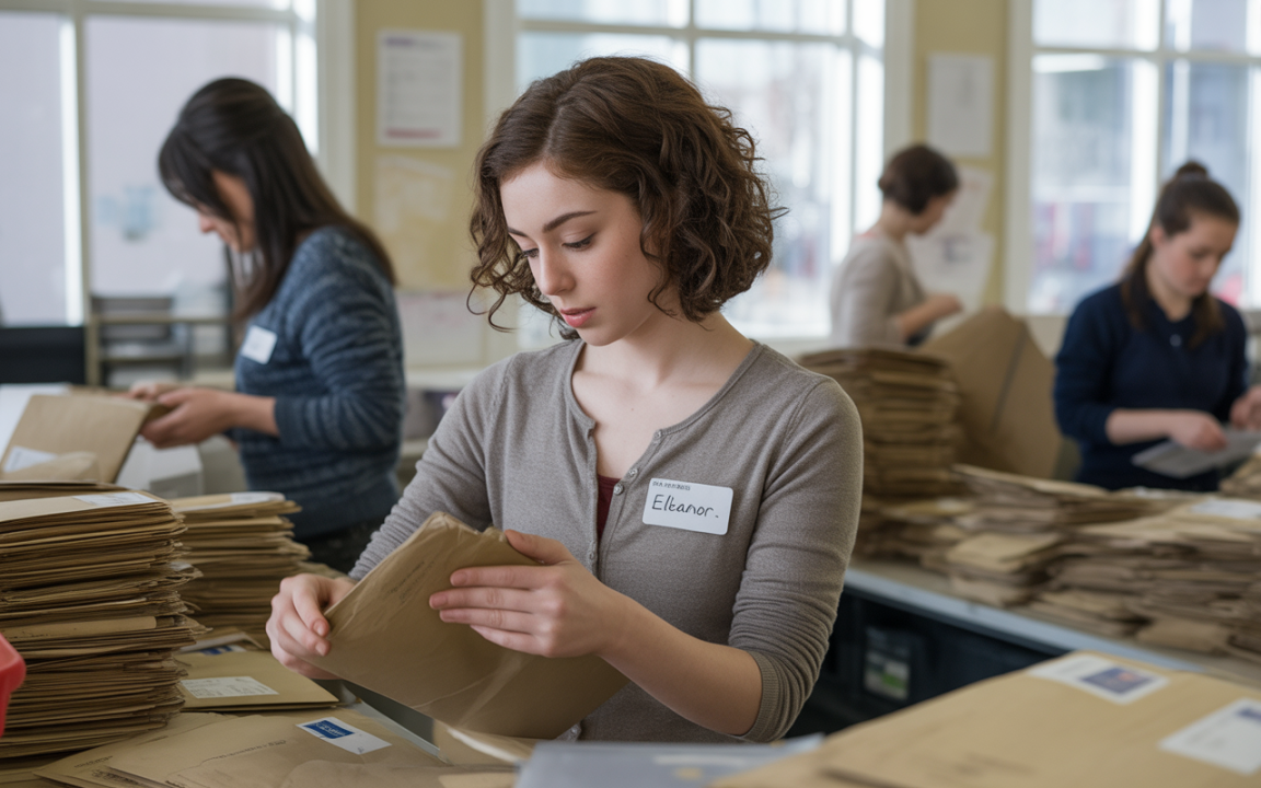 Jeune femme classant des enveloppes dans un bureau, avec d'autres personnes travaillant en arrière-plan. L'ambiance est studieuse.