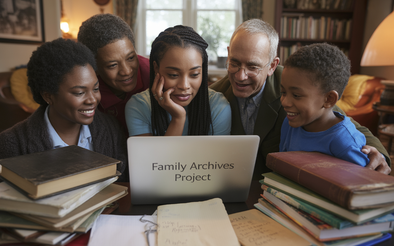Une famille réunie autour d'un ordinateur portable, regardant un projet d'archives familiales, entourée de livres et de notes.