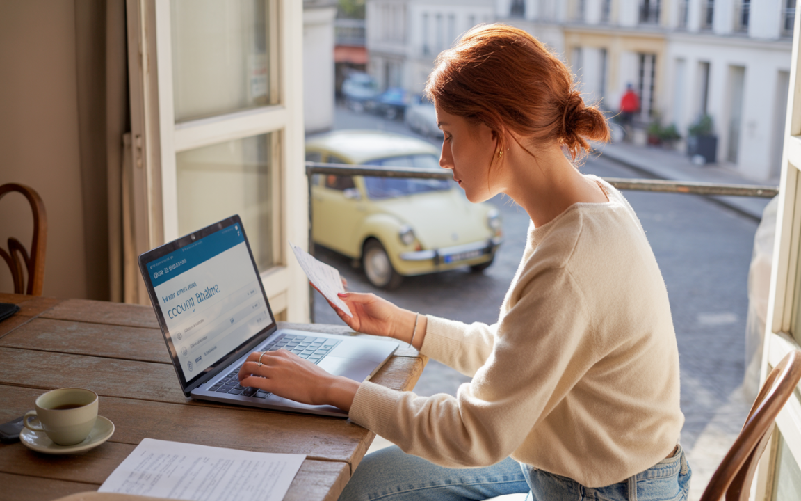 Femme assise à une table, utilisant un ordinateur portable, avec une vue sur la rue et une voiture jaune à l'extérieur.