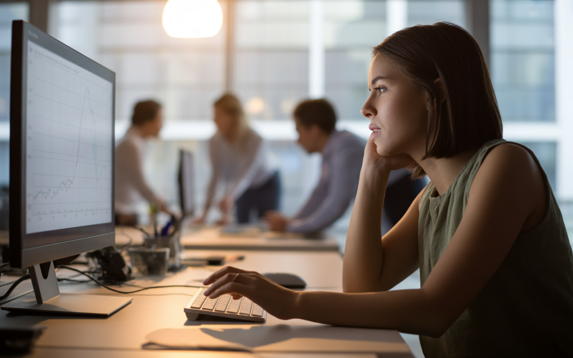 Femme pensant devant un ordinateur affichant un graphique, tandis que d'autres personnes discutent en arrière-plan dans un bureau moderne.
