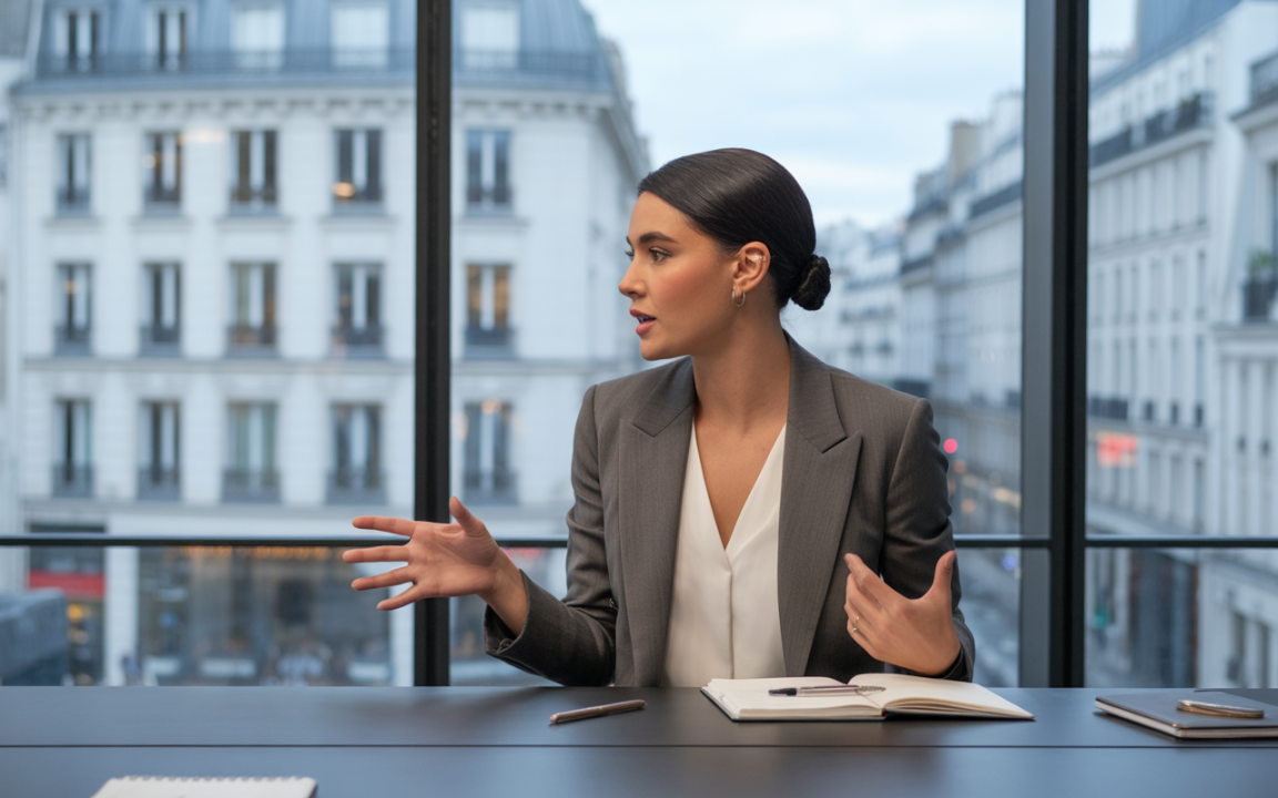Femme en costume gris discutant, assise à une table dans un bureau avec vue sur une rue parisienne. Bloc-notes et stylo devant elle.
