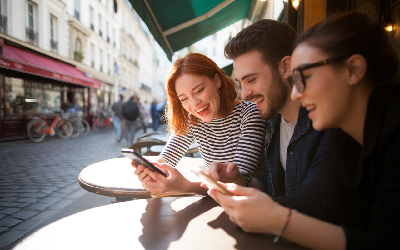 Trois jeunes adultes souriants, assis à une table, regardent leurs téléphones dans une rue animée de Paris.