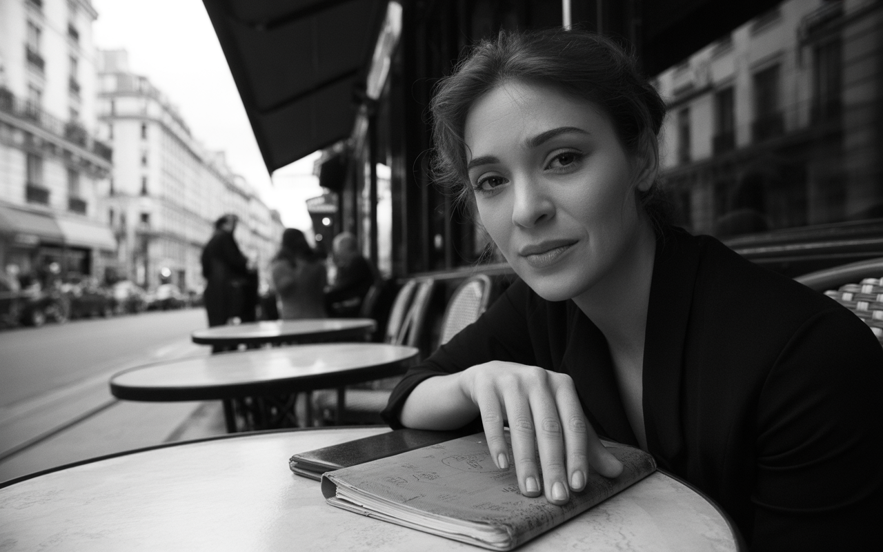Femme assise à une table de café, regardant la caméra, avec un carnet devant elle. En arrière-plan, rue parisienne. Noir et blanc.