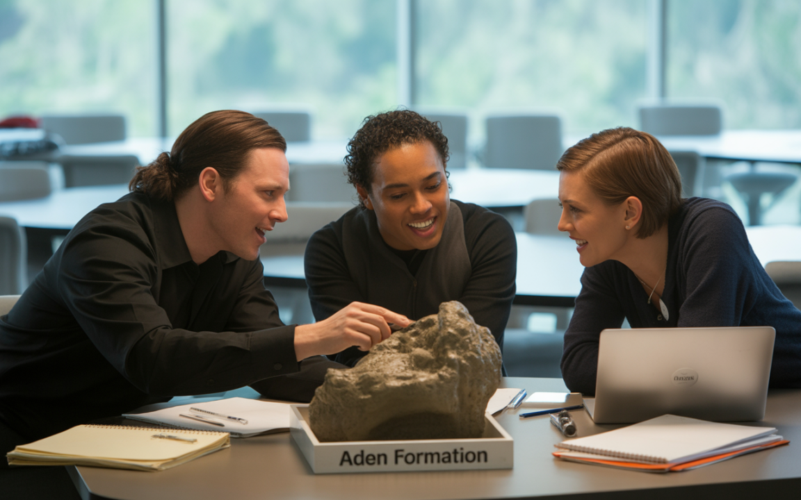 Trois personnes discutent autour d'une maquette géologique intitulée "Aden Formation", avec des ordinateurs et des blocs-notes à leur disposition.