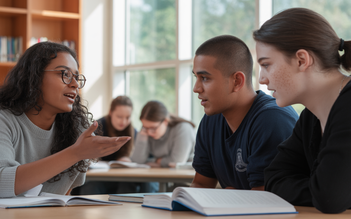 Trois étudiants discutent dans une bibliothèque, entourés de livres, avec des expressions engagées et attentives.