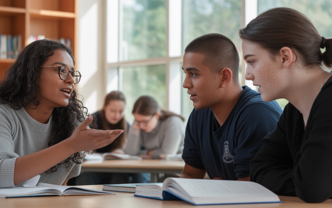 Trois étudiants discutent dans une bibliothèque, entourés de livres, avec des expressions engagées et attentives.
