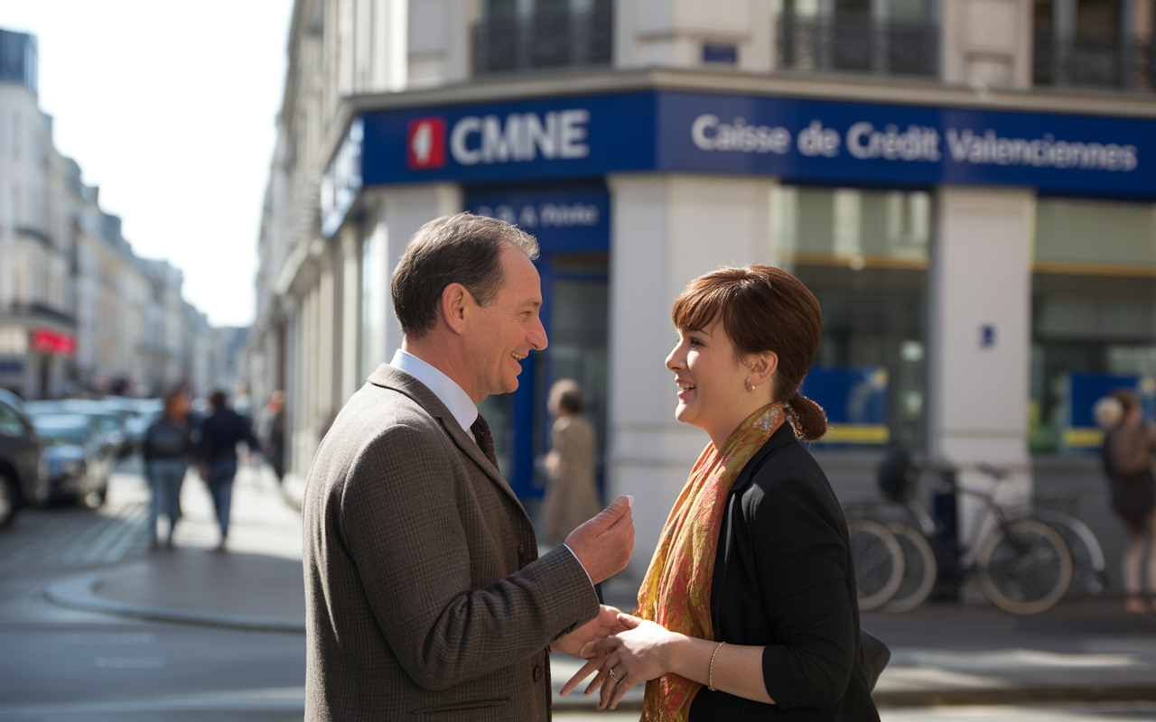 Deux personnes, un homme et une femme, discutent joyeusement dans une rue ensoleillée, avec une banque en arrière-plan.