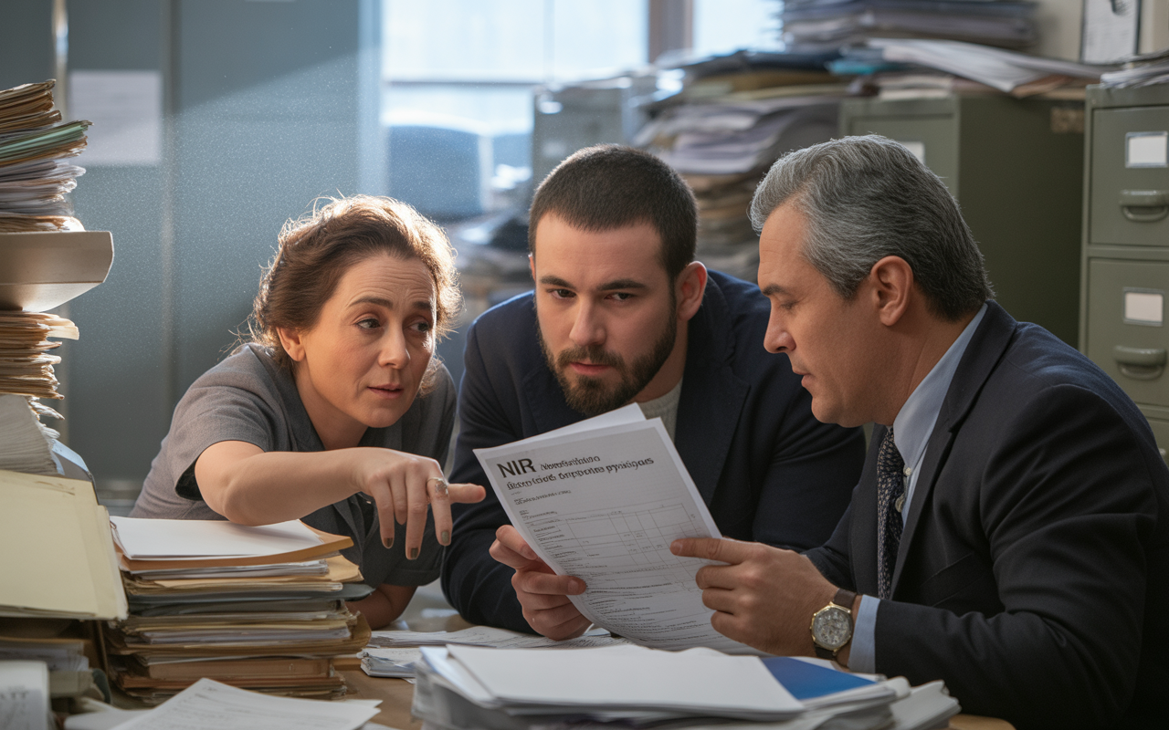Trois personnes discutent autour d'une table encombrée de documents, examinant attentivement un rapport. Ambiance de collaboration professionnelle dans un bureau.