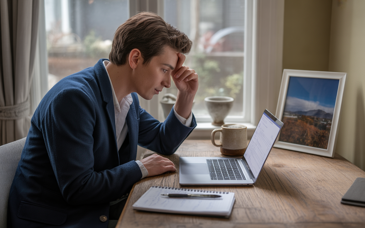 Un homme en blazer scrute son ordinateur portable, pensif, assis à un bureau en bois avec une tasse et un carnet.