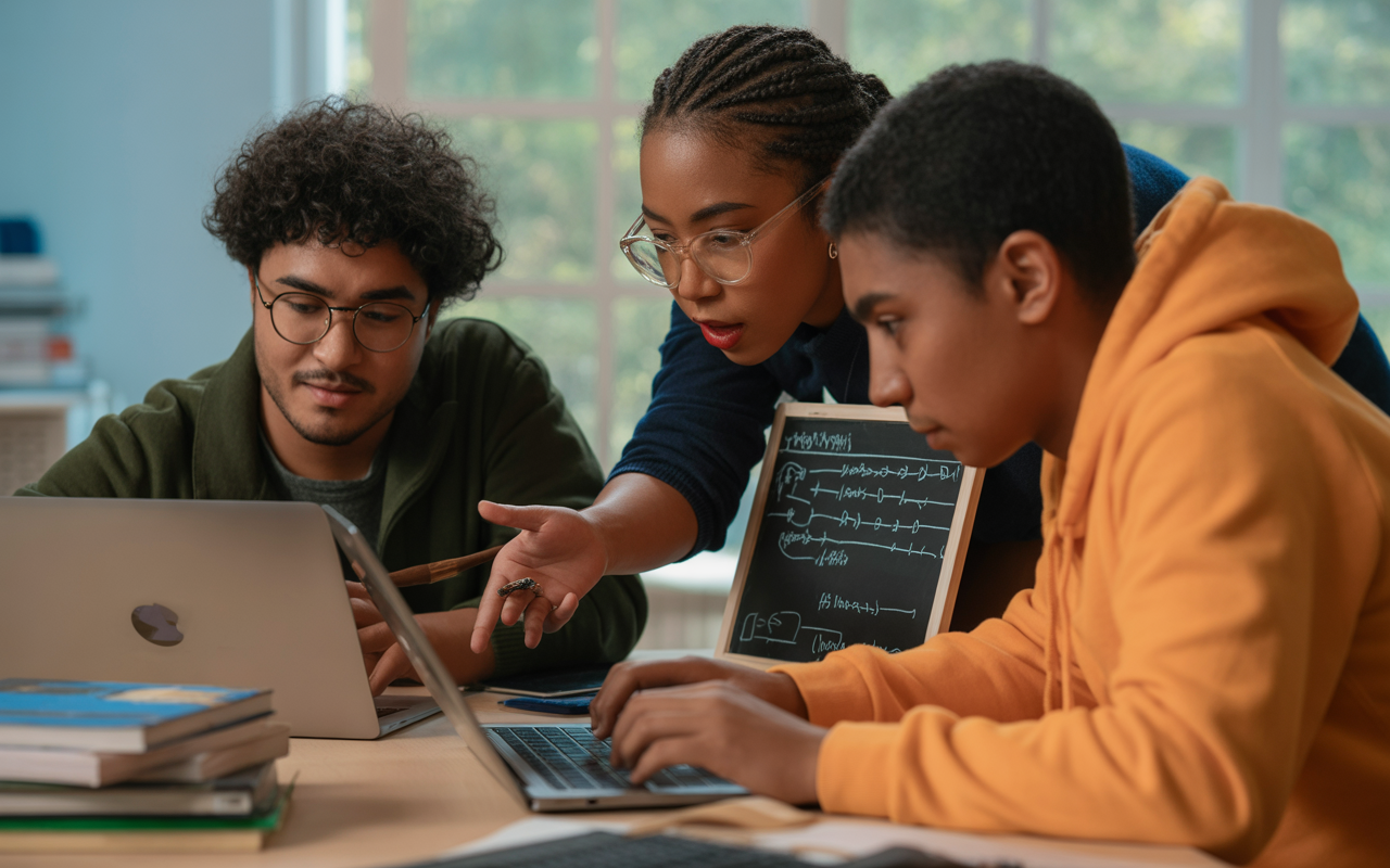Trois jeunes adultes collaborent autour de laptops, une femme dirigeant la discussion avec un tableau noir en arrière-plan.
