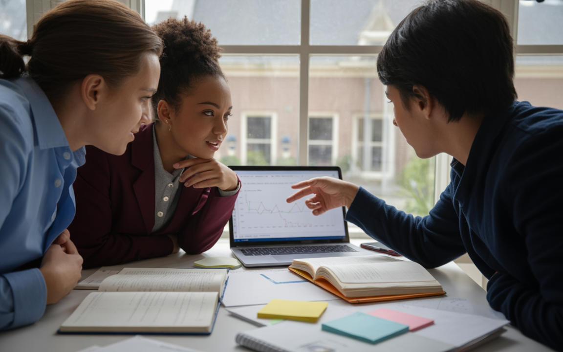 Trois femmes discutent devant un ordinateur portable, entourées de cahiers et de post-it, observant un graphique.