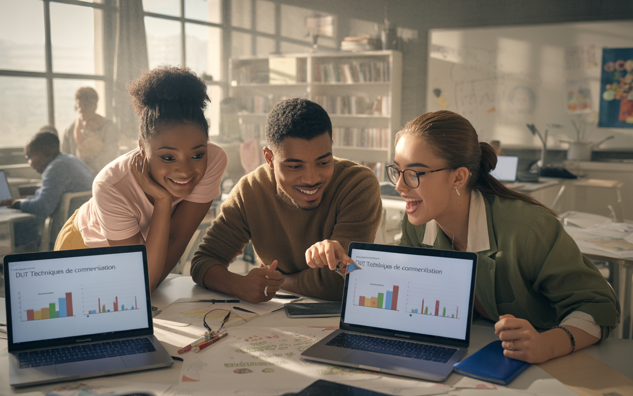 Quatre étudiants collaborent autour d'ordinateurs portables, examinant des graphiques sur des techniques de communication dans une salle de classe lumineuse.