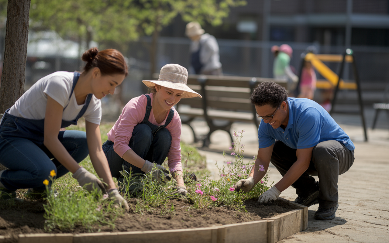 Trois personnes jardinent ensemble dans un parc, plantant des fleurs et désherbant, sous un ciel ensoleillé.