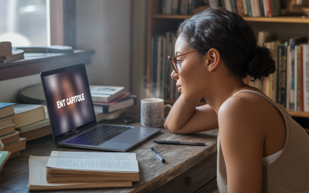 Une femme, en lunettes, regarde un ordinateur portable sur un bureau en bois avec des livres et une tasse.