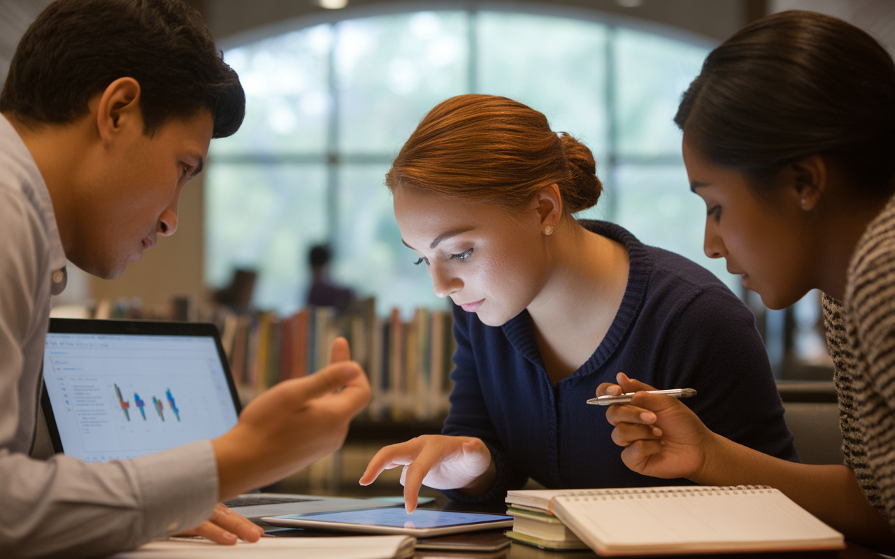 Trois étudiants collaborent dans une bibliothèque, utilisant un ordinateur portable et une tablette pour étudier ensemble. Des notes sont prises.
