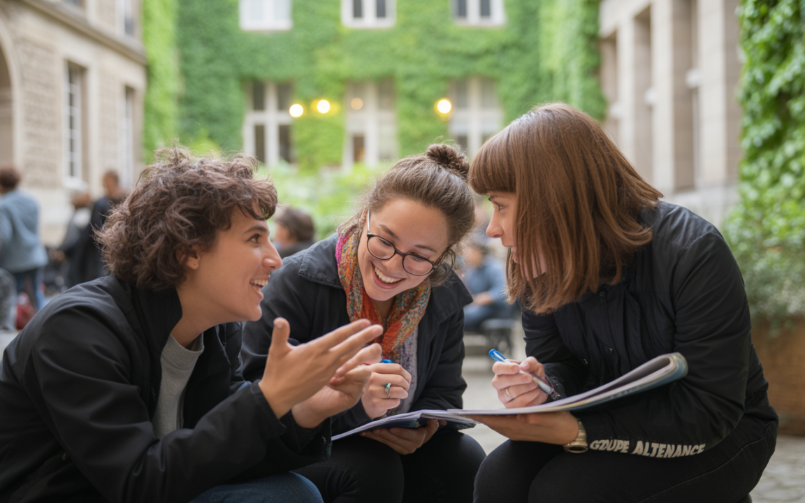 Trois jeunes femmes discutent et prennent des notes dans une cour intérieure, entourées de verdure et d'autres personnes.