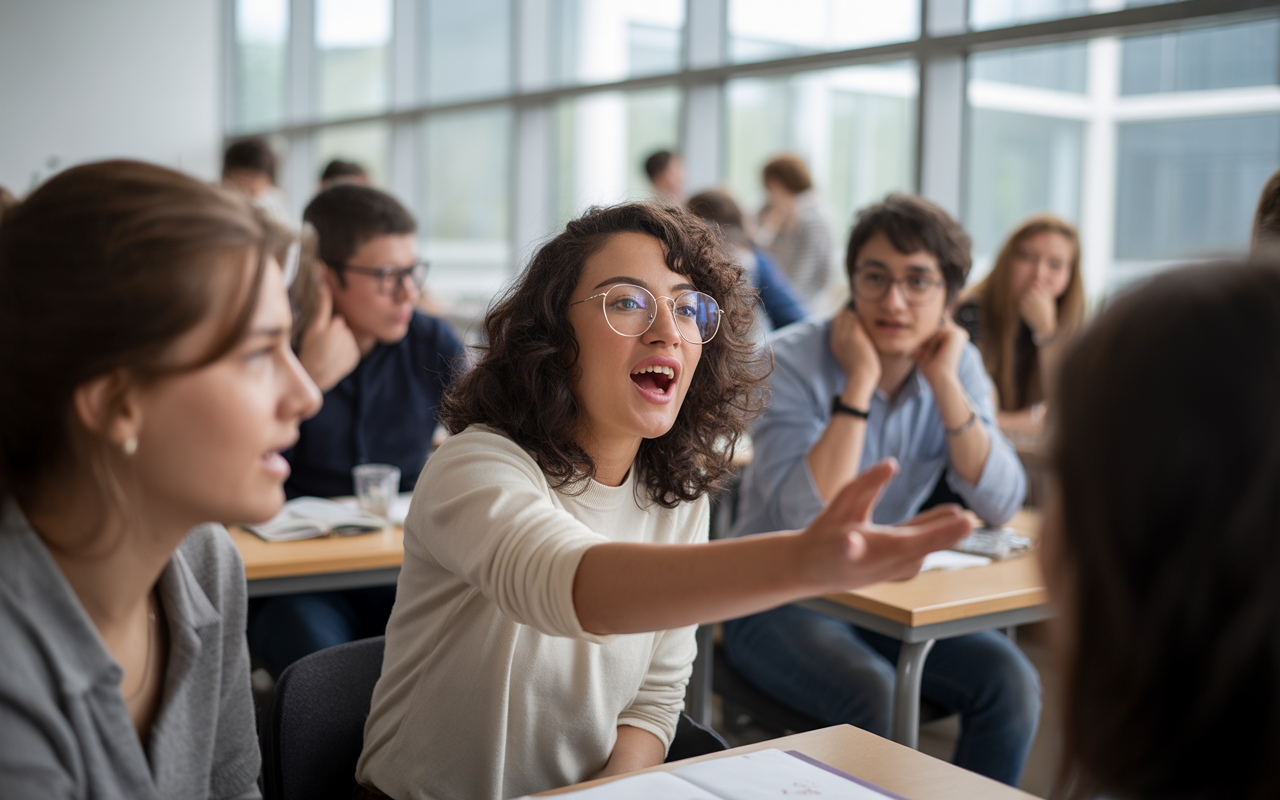 Groupe d'étudiants en classe, une jeune femme s'exprime avec passion, tandis que d'autres l'écoutent attentivement, ambiance dynamique.