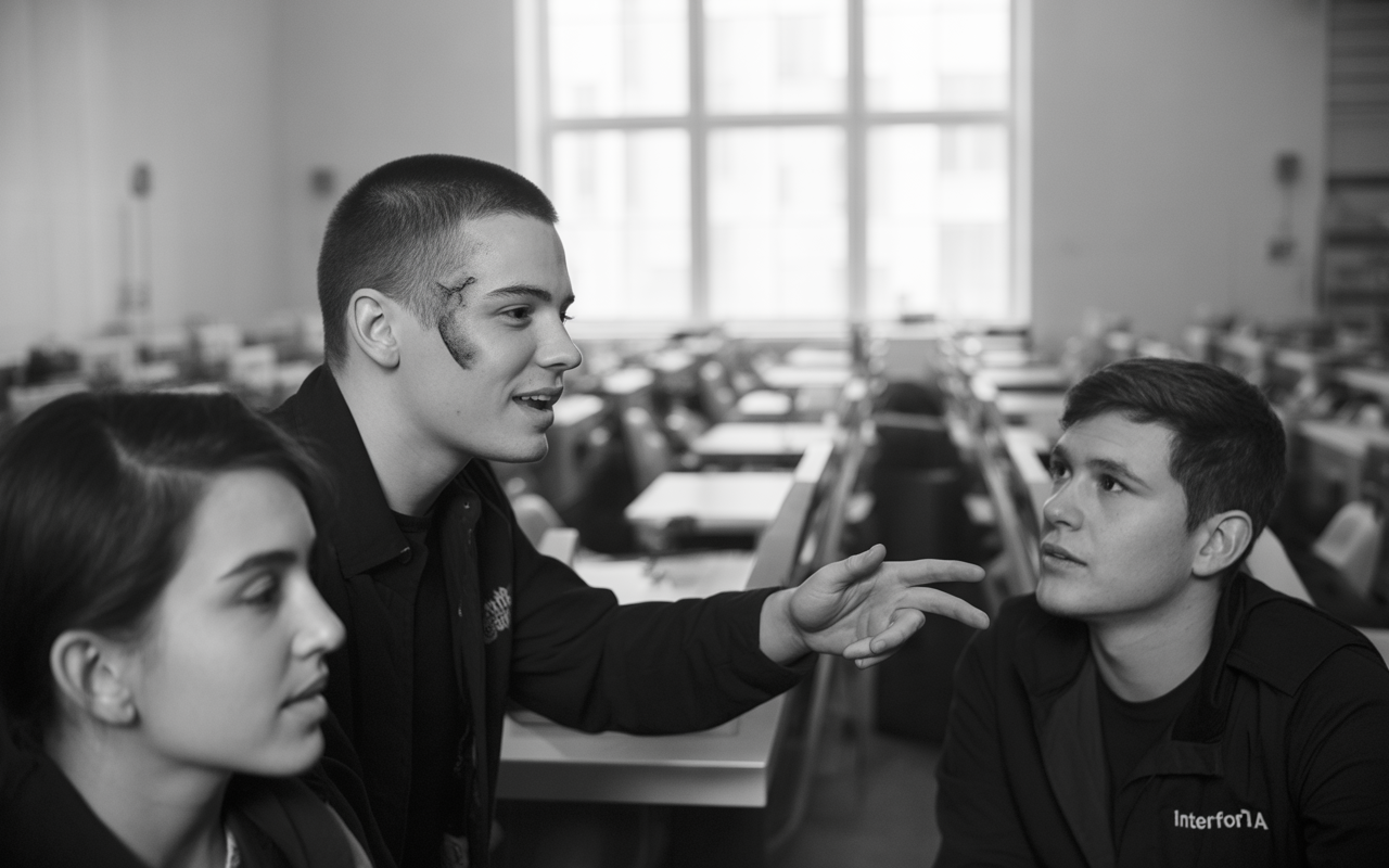 Trois adolescents discutent dans une salle de classe, l'un avec une marque sur le visage, l'ambiance est concentrée.