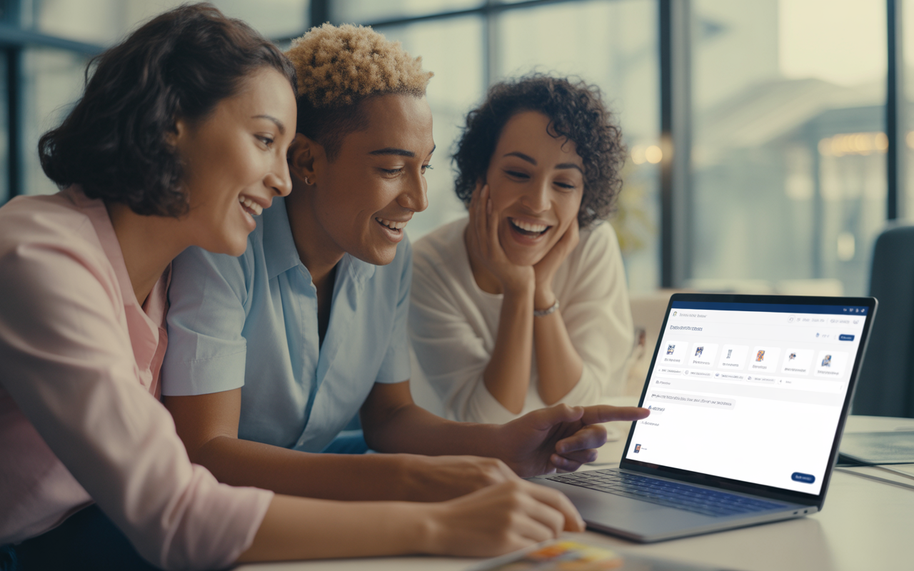 Trois personnes souriantes regardent un ordinateur portable et interagissent avec enthousiasme dans un environnement de bureau moderne.