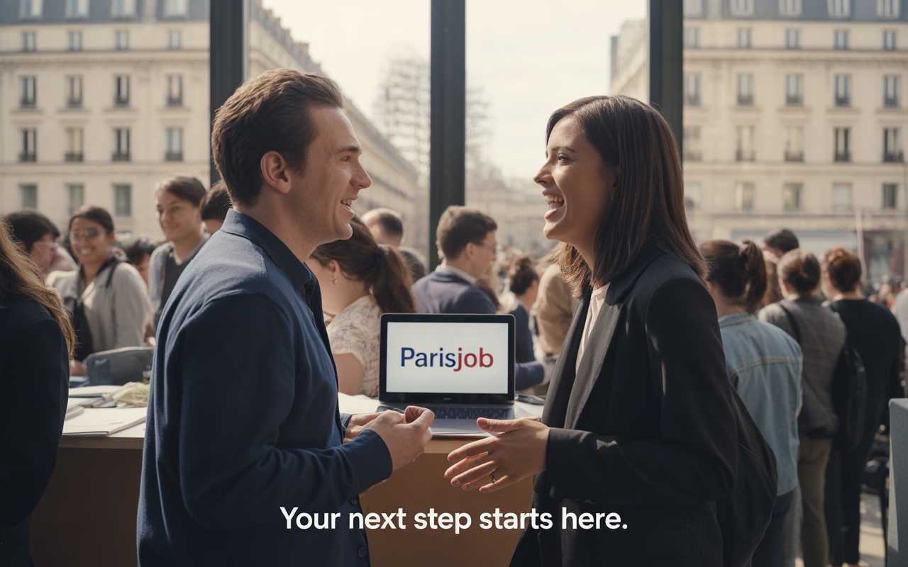 Personnes souriantes échangeant lors d'un événement professionnel. Un ordinateur portable affiche "Parisjob". Texte : "Your next step starts here."