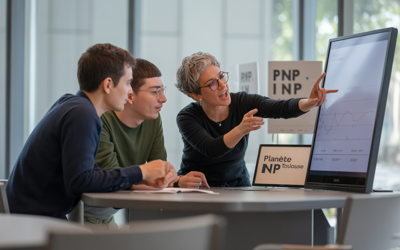 Trois personnes discutent autour d'une table, observant des graphiques interactifs sur un écran. Un panneau affiche "Planète NP Toulouse".