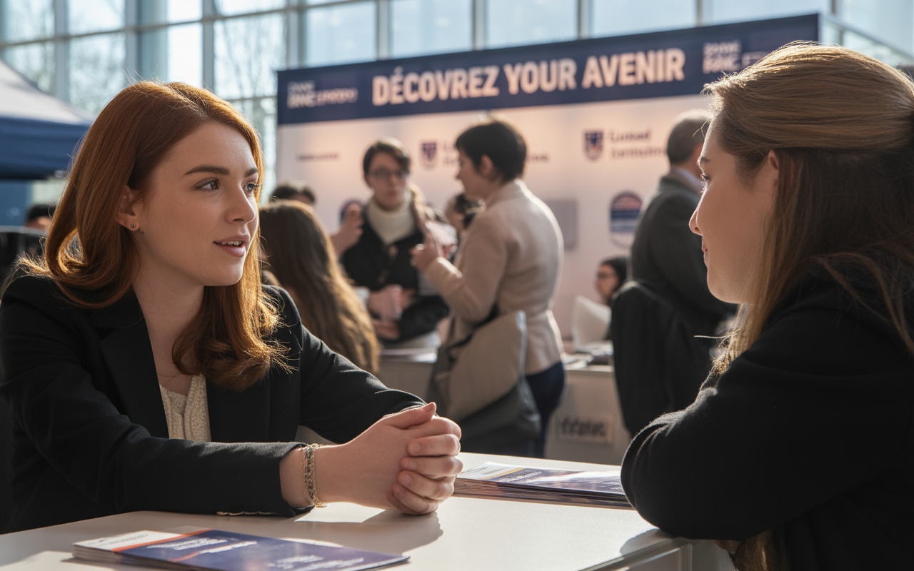 Deux jeunes femmes discutent lors d'un événement, avec des stands en arrière-plan et un éclairage naturel.