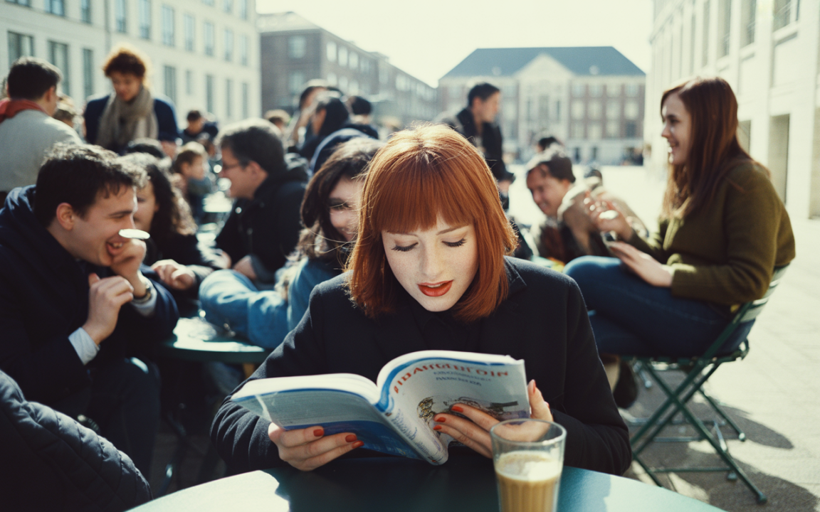 Une femme au cheveux roux lit un livre, entourée de personnes réunies en plein air, avec une tasse de café à proximité.