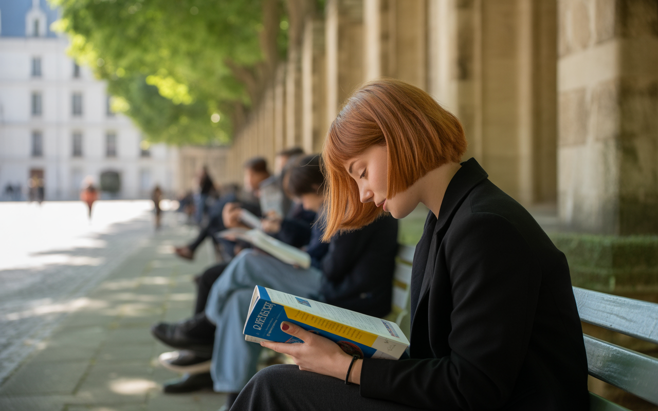 Une jeune femme aux cheveux roux lit un livre sur un banc, tandis que d'autres personnes lisent en arrière-plan, sous des arbres.