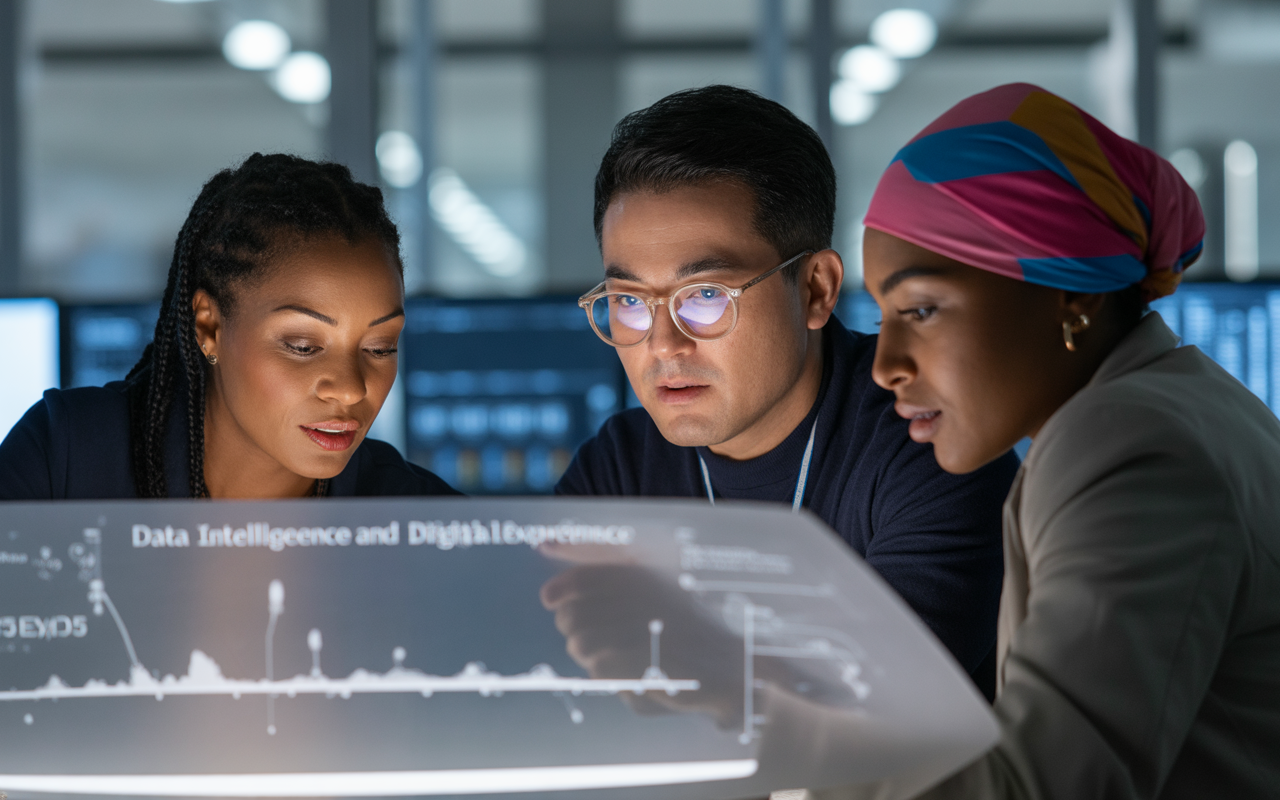 Trois personnes analysent un tableau de données dans un environnement de travail moderne, concentrées sur l'écran interactif devant elles.