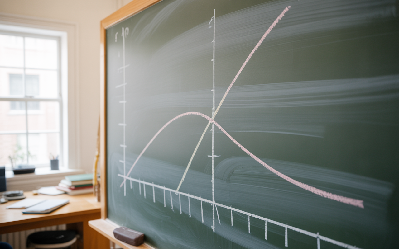 Graphique sur un tableau noir représentant des courbes, avec axes gradués et des traits colorés, dans une salle de classe.