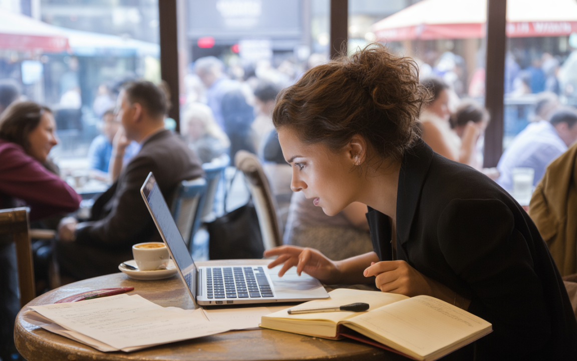 Jeune femme concentrée sur un ordinateur portable dans un café, avec des notes et une tasse de café sur la table.