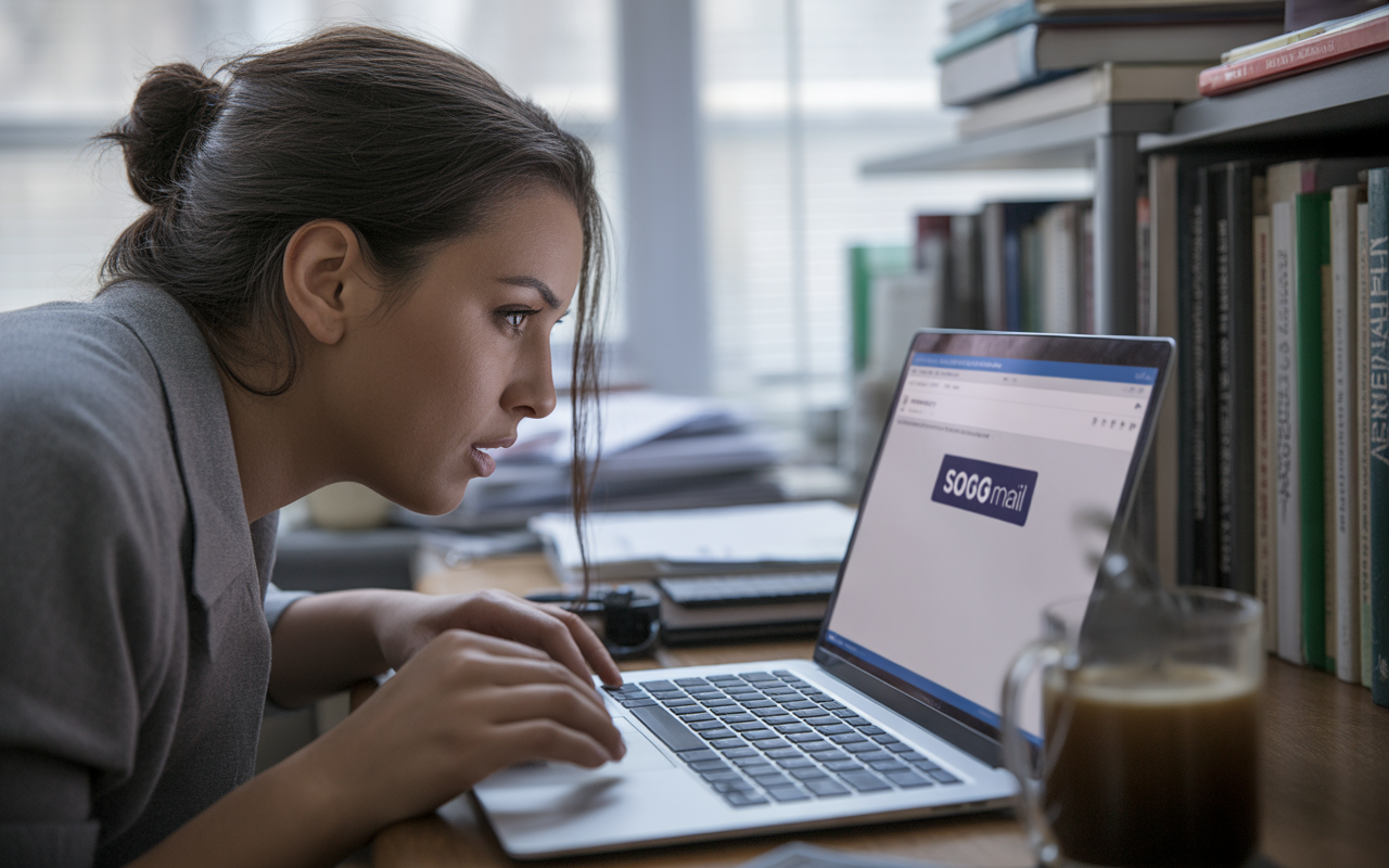 Femme concentrée devant un ordinateur portable, examinant un email sur une interface SOGGmail, avec une tasse de café à côté.